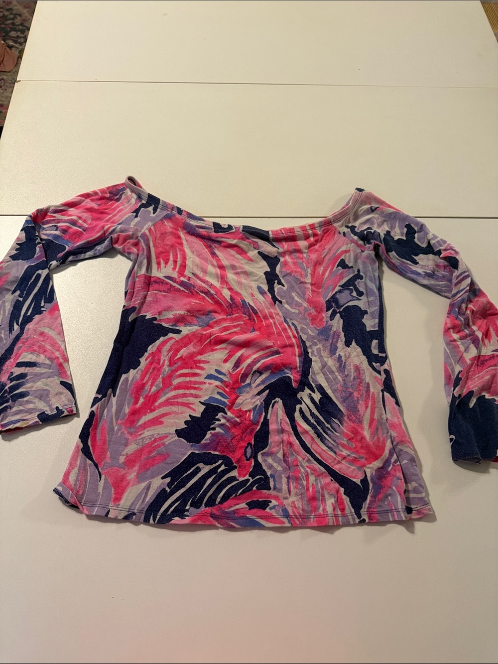 Lilly Pulitzer Pink, Navy & Lavender Off-Shoulder Printed Long Sleeve Top
